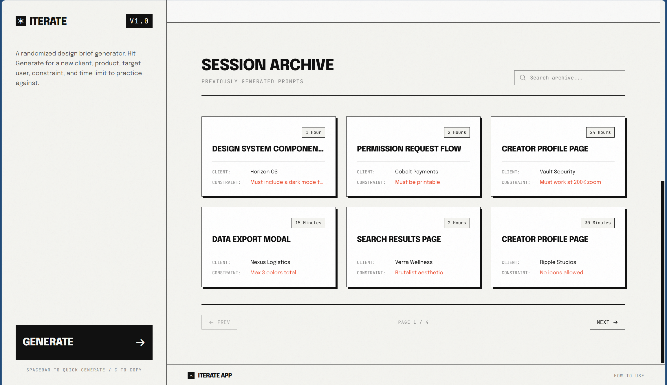Iterate session archive showing a grid of previously generated brief cards