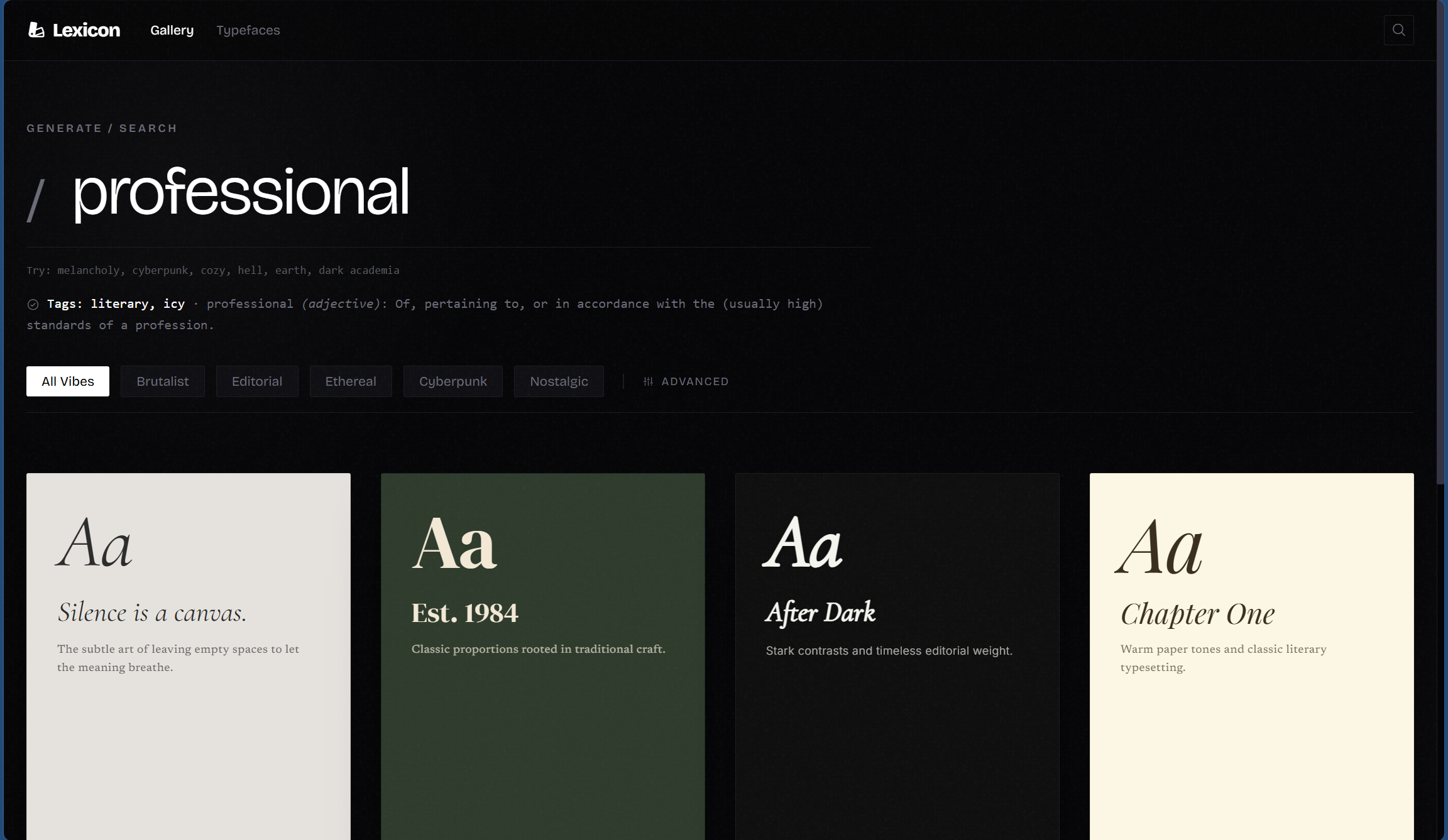Lexicon search input with a word typed and the resulting filtered card grid below