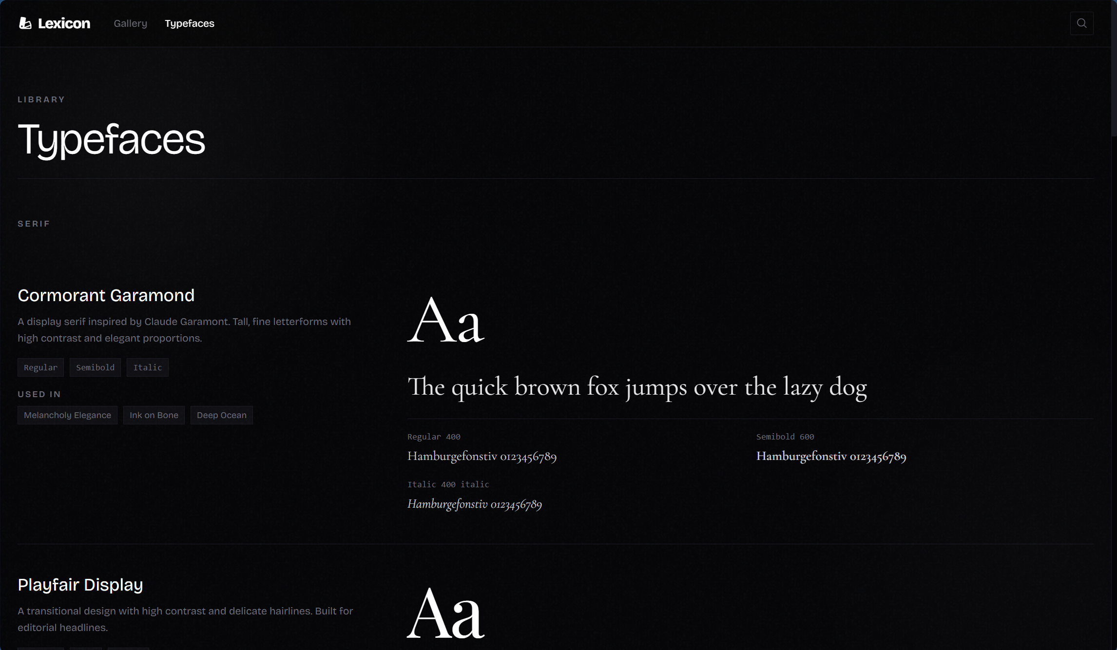 Lexicon Typefaces view showing a typeface specimen with weight samples