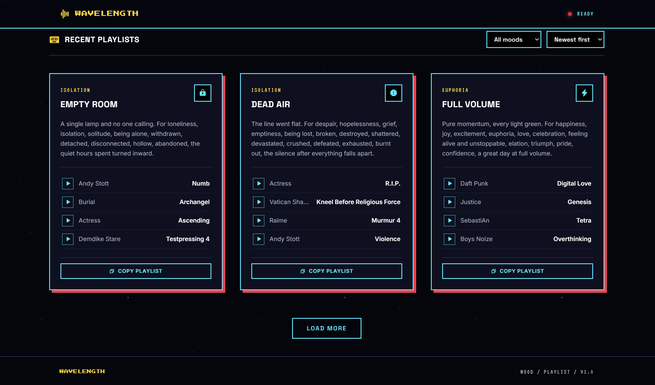 Wavelength definition panel showing a typed word and its matched playlist results below