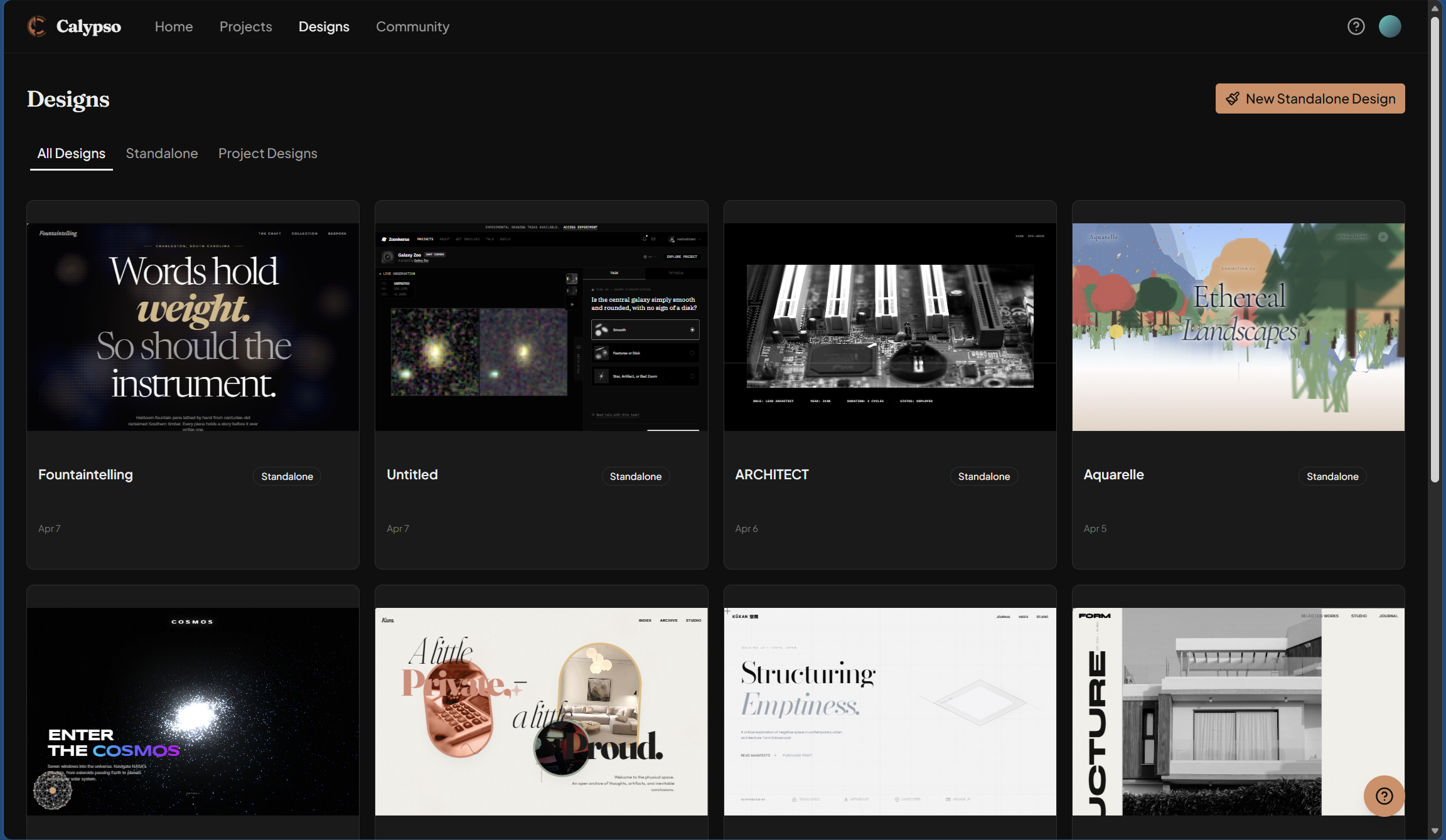 Designs gallery showing range of generated designs