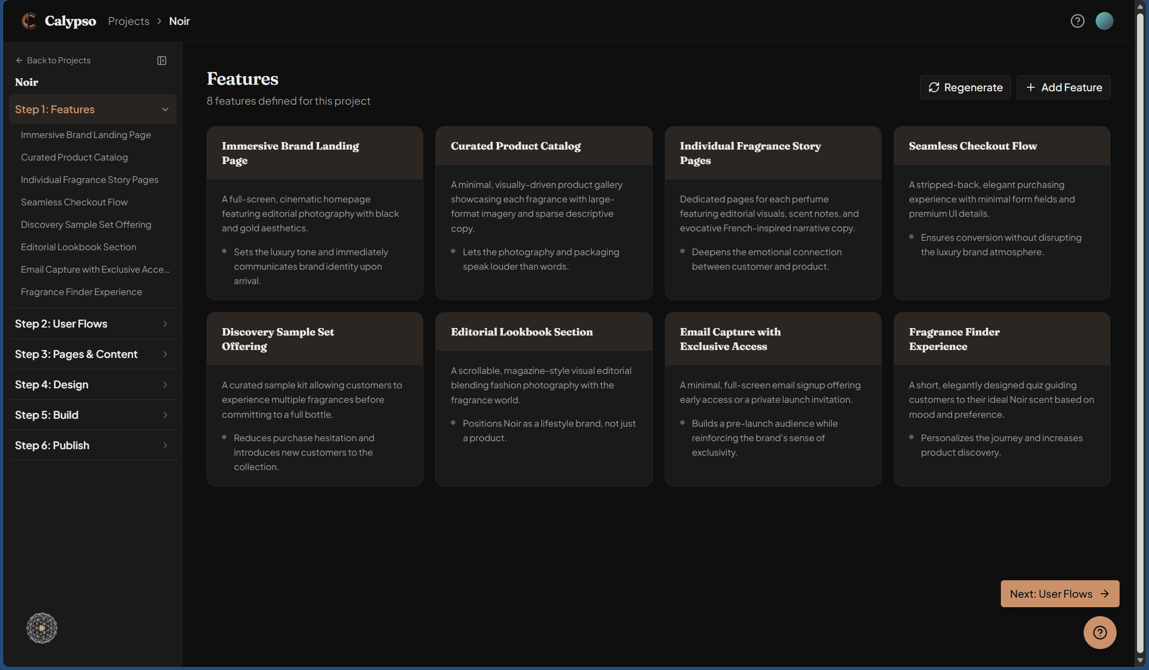 Features step showing card grid