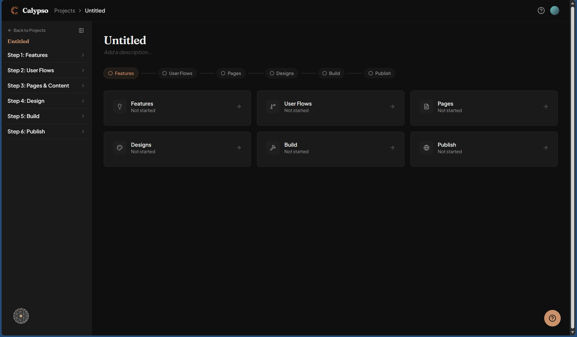 Calypso project overview showing the six-step progress bar and step cards